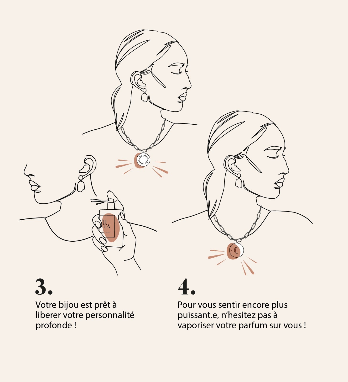 Description des étapes 2 et 3 pour utliser le bijou Propheti.e : Bijou prêt à libérer votre personnalité profonde. Pour vous sentire encore plus puissant.e n'hésitez pas à vaporiser votre parfum sur vous !