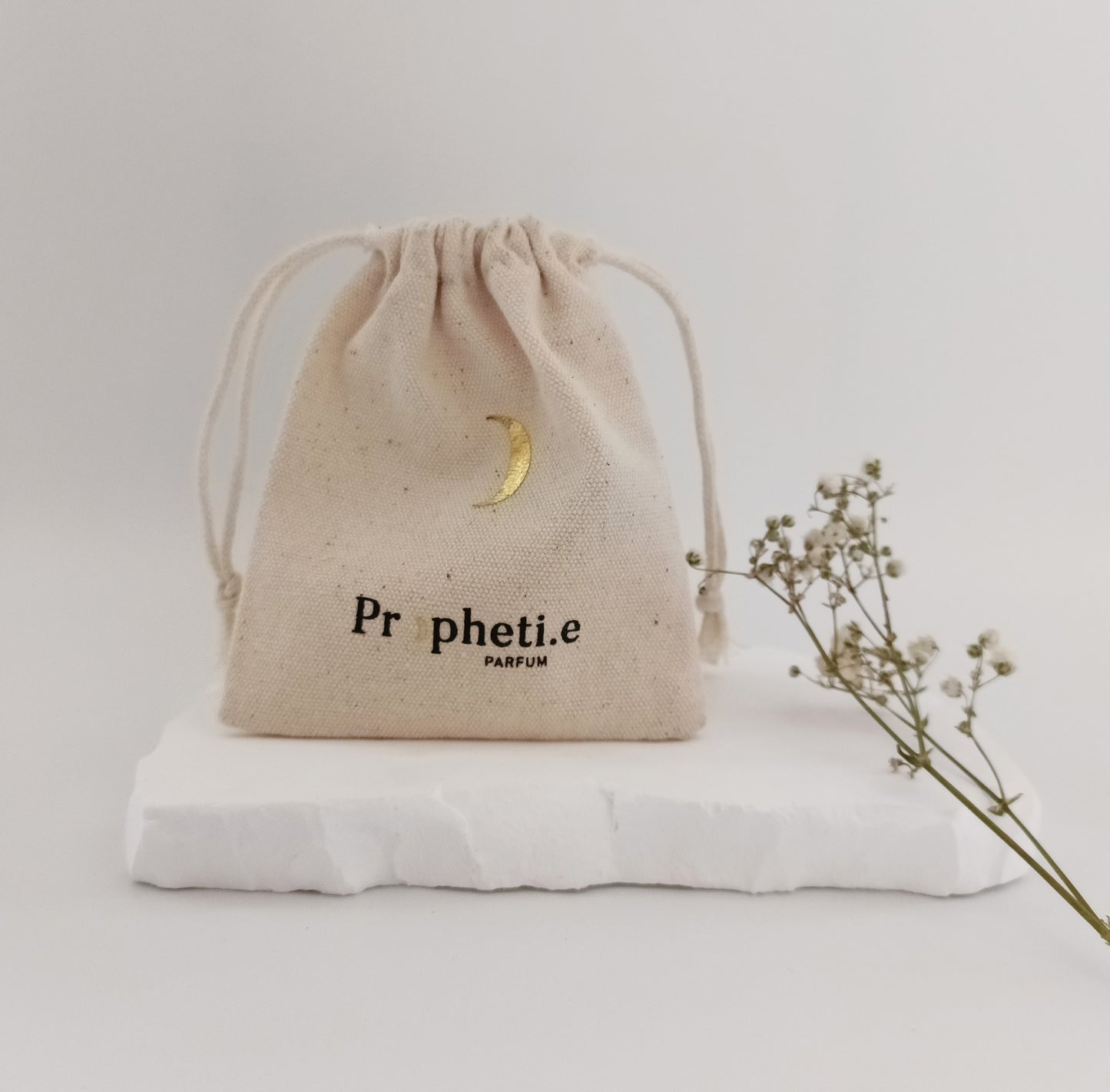 Un pochon Propheti.e debout sur une pierre ave une fleur séchée