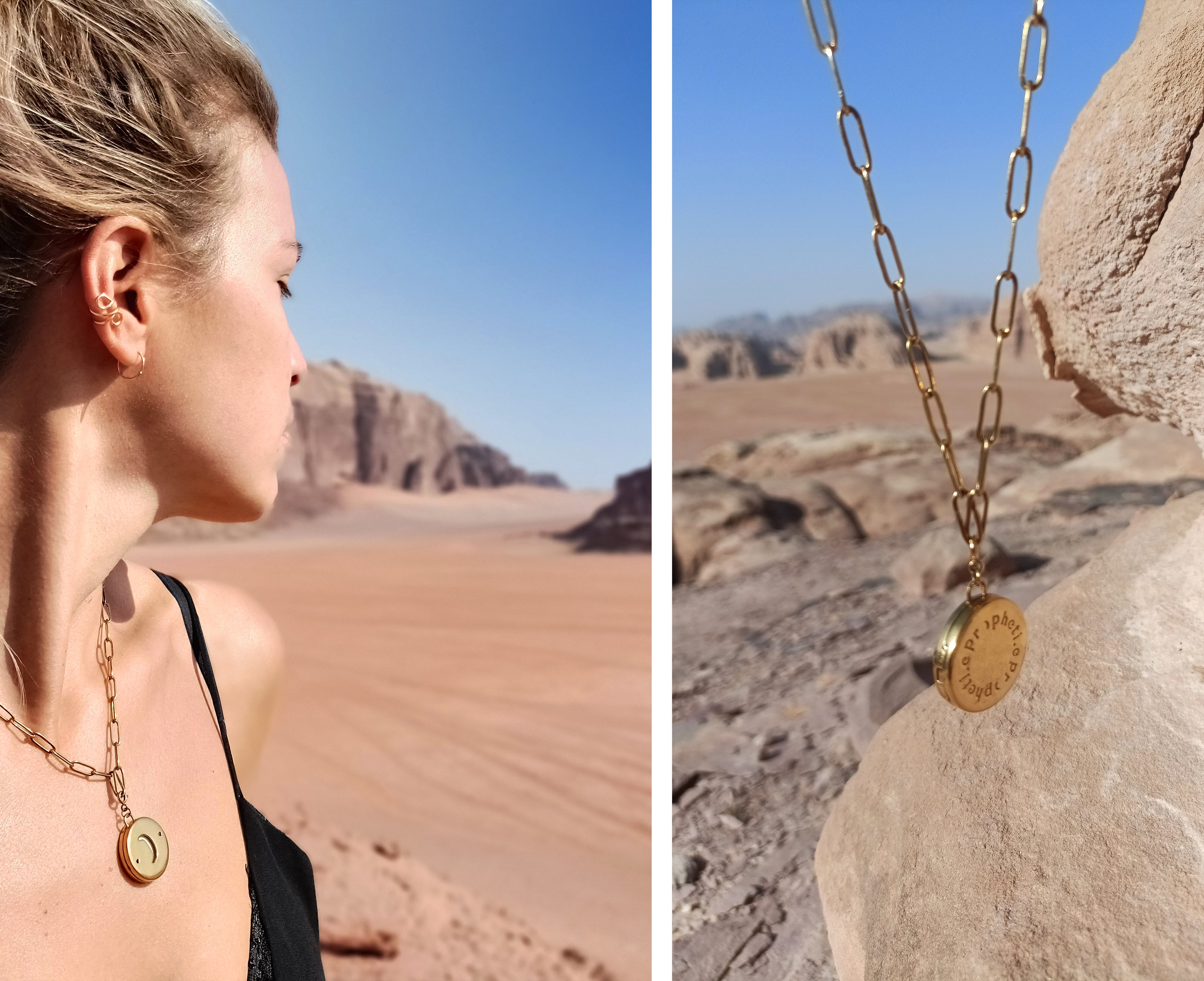 visage de femme portant le bijou Propheti.e, et bijou Propheti.e seul qui pend avec en fond le desert